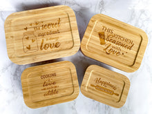 Load image into Gallery viewer, Love &amp; Happiness 4 Piece Set Glass Food Storage Containers with Bamboo Lids

