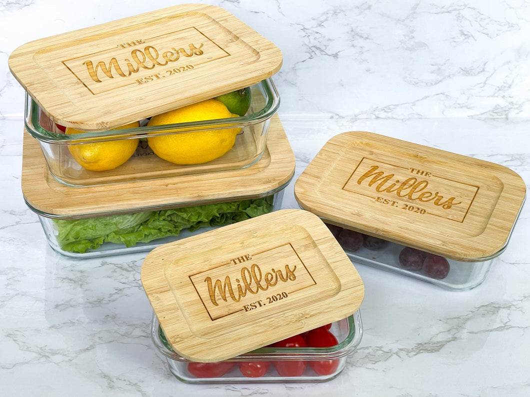 Personalized Glass Food Storage Containers with Bamboo Lids - Miller Family Design
