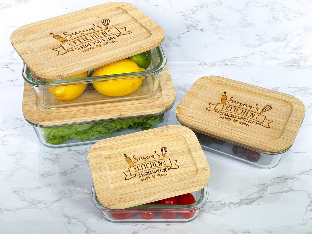 Personalized Glass Food Storage Containers with Bamboo Lids - Susan's Kitchen Design
